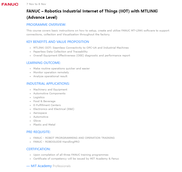 FANUC - Robotics Programming and for Industrial Internet of Things (IIOT) with MTLink-i Massive Open Online